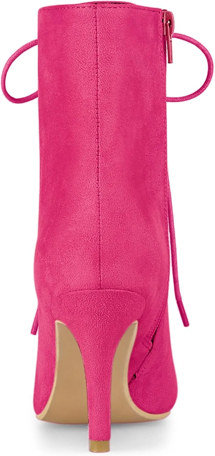 Allegra K Women's Pointy Toe Zip Lace Up Stiletto Heel Ankle Boots