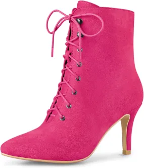 Allegra K Women's Pointy Toe Zip Lace Up Stiletto Heel Ankle Boots