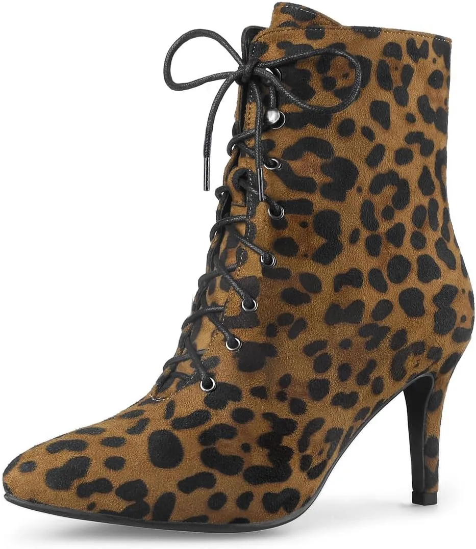 Allegra K Women's Pointy Toe Zip Lace Up Stiletto Heel Ankle Boots