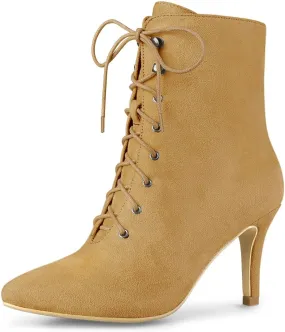 Allegra K Women's Pointy Toe Zip Lace Up Stiletto Heel Ankle Boots