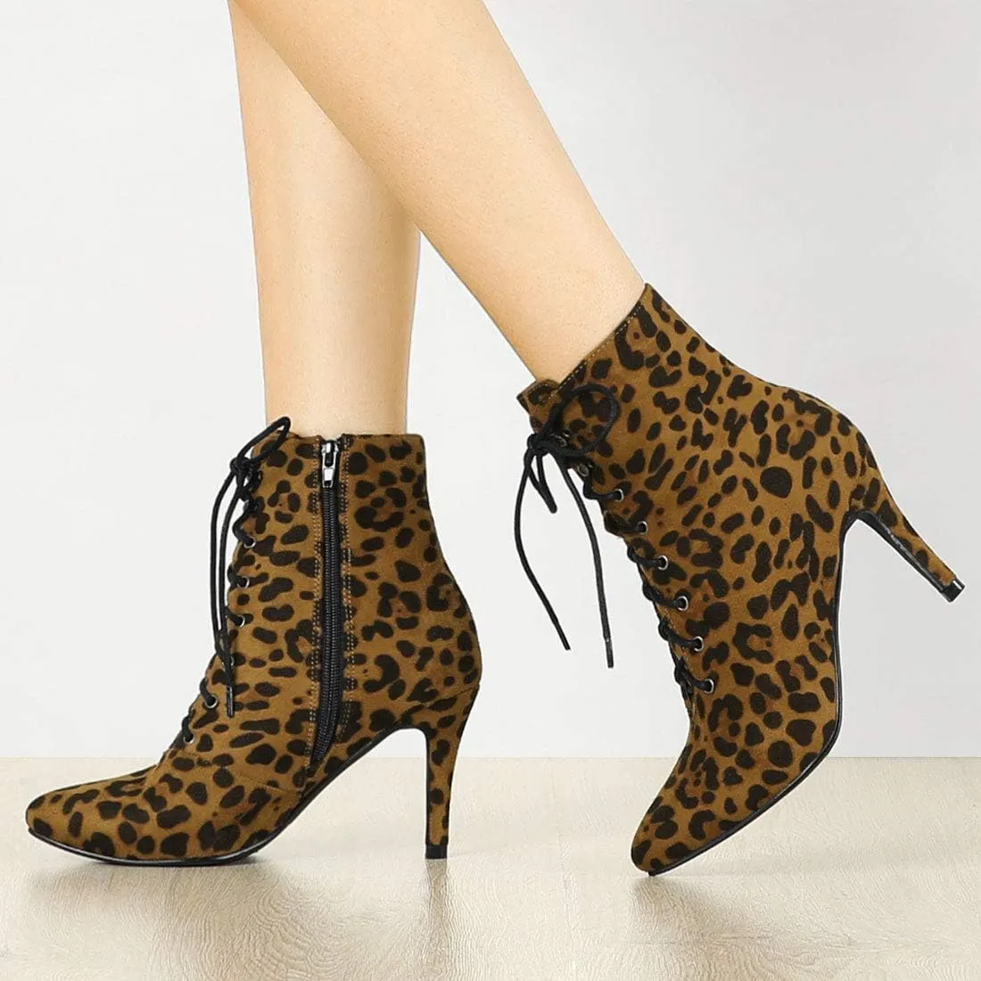 Allegra K Women's Pointy Toe Zip Lace Up Stiletto Heel Ankle Boots