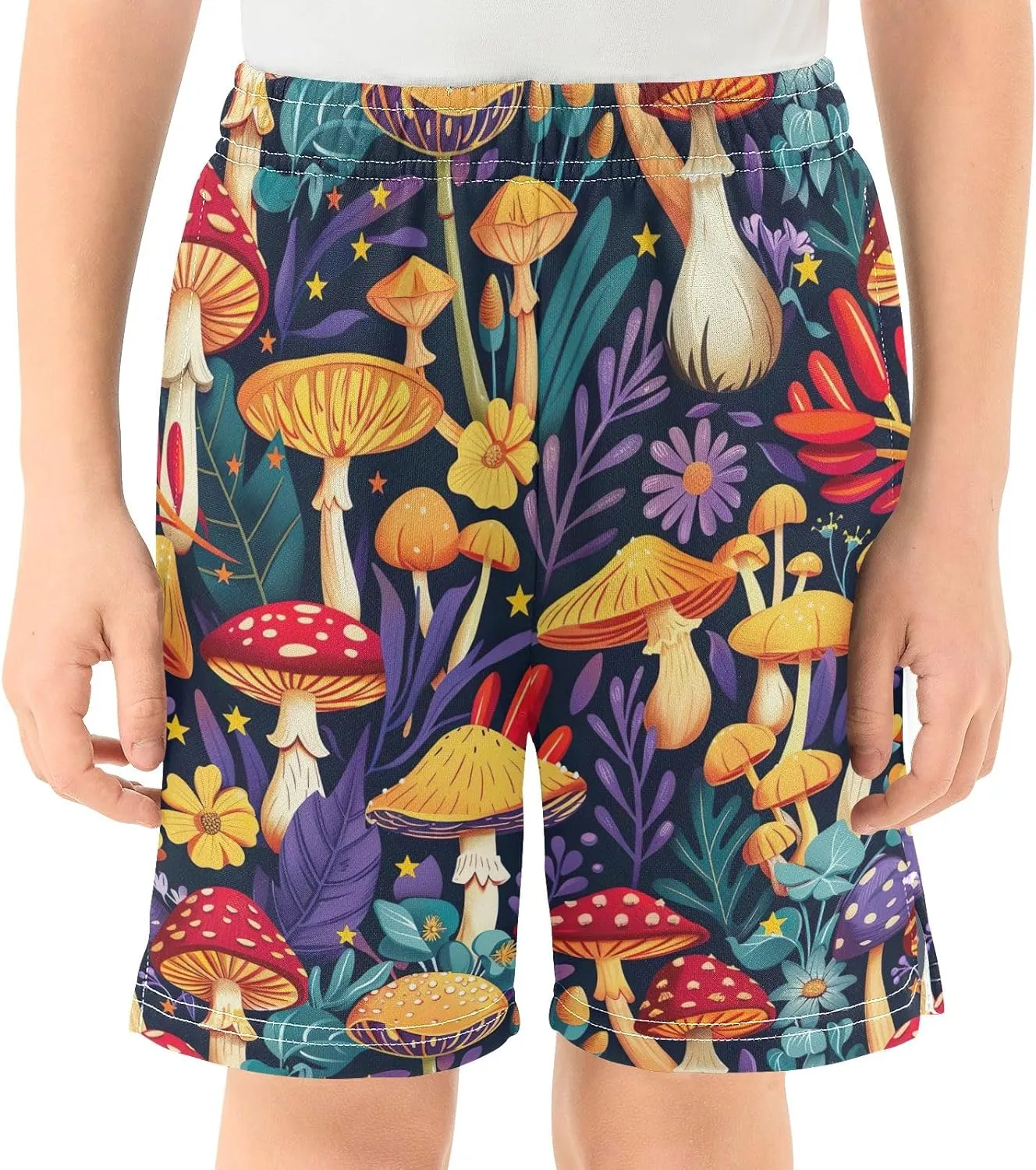 CHIFIGNO Colorful Cartoon Mushrooms Boy's Summer Shorts with Pockets Soft Athletic Shorts Sports 7-15Y