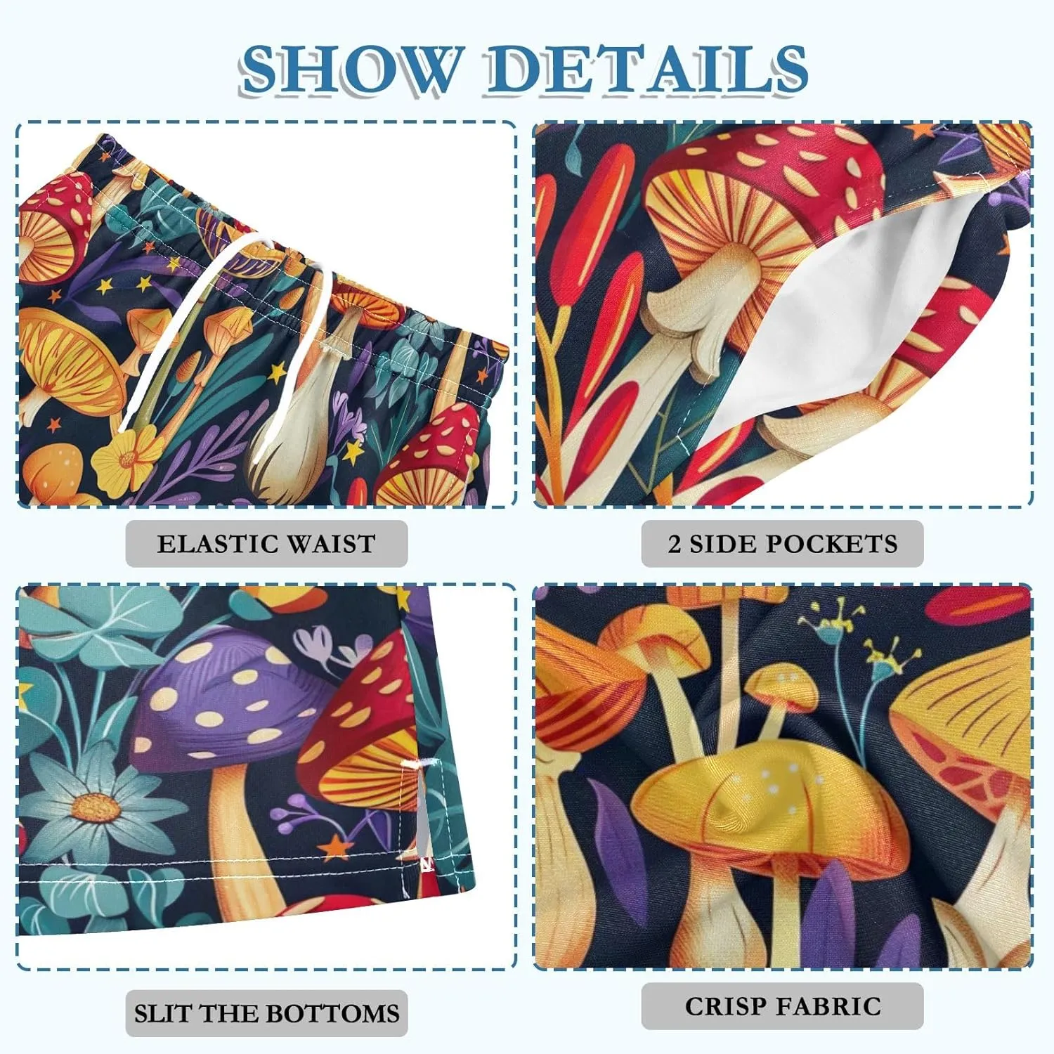 CHIFIGNO Colorful Cartoon Mushrooms Boy's Summer Shorts with Pockets Soft Athletic Shorts Sports 7-15Y