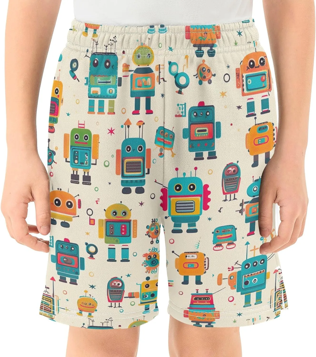 CHIFIGNO Youth Boy Summer Casual Shorts Colorful Robots Elastic Waist Sweat Shorts with Pockets Sports 7-15Y