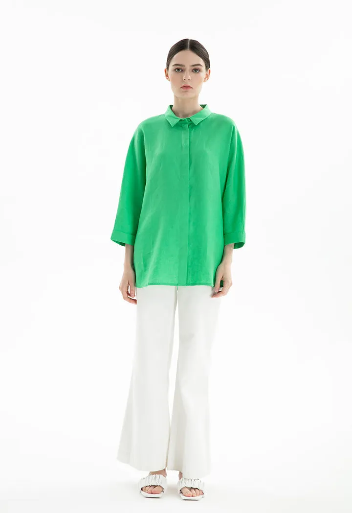 Choice Collared Concealed Buttons Oversized Shirt Green