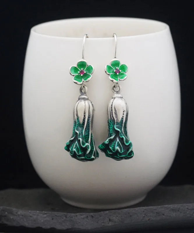 Elegant Green Sterling Silver Cabbage Drop Earrings LY2310