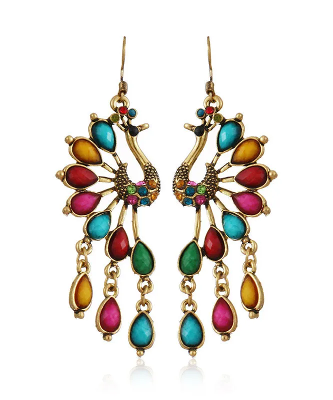 Elegant Multi Colour Peacock Zircon Copper Drop Earrings