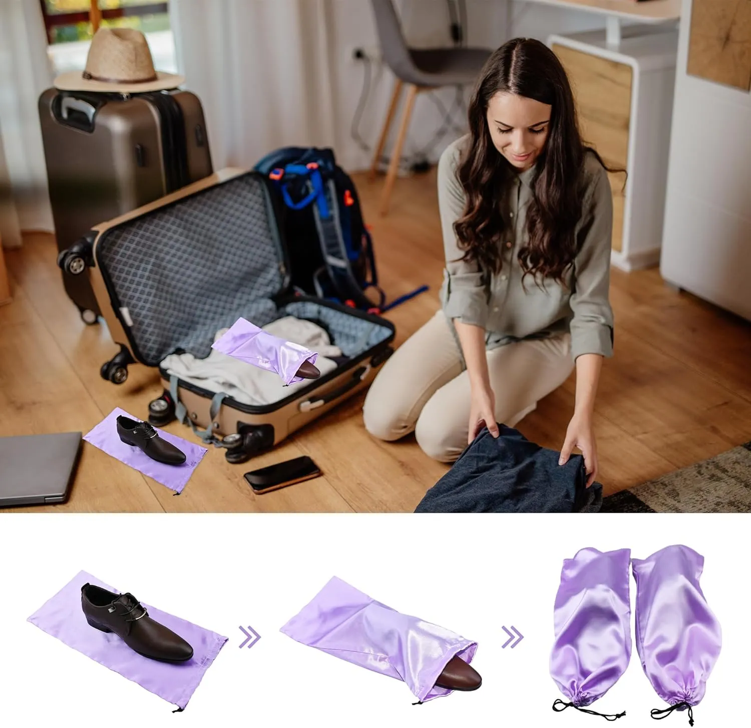 GONGKANGYUAN 4 Pack Shoe Bags for Travel Satin Fabric Shoe Bag with Drawstring for Men Women Travel Protecting Storing Shoes (Grey)