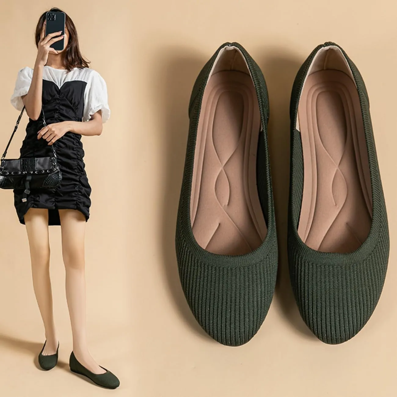 HROYL Women's Knit Flat Ballet Shoes Round Toe Slip on Women Flats for Dressy Casual Office Work Wedding Comfort Soft Model XTZ-Y2