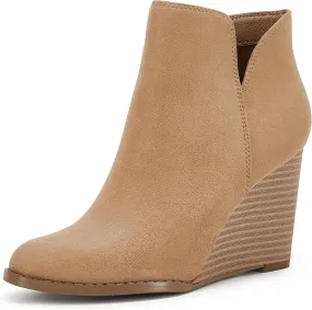 LAICIGO Womens V Cut Wedge Ankle Booties Zip-up Closed Toe Stacked Heel Faux Suede Winter Boots