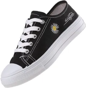 Low-Top Canvas Sneakers for Women – Cute Bear & Floral Design, Soft Lining, Anti-Slip Sole, Casual Lace up Canvas Sneakers,Casual White Tennis Walking Shoes