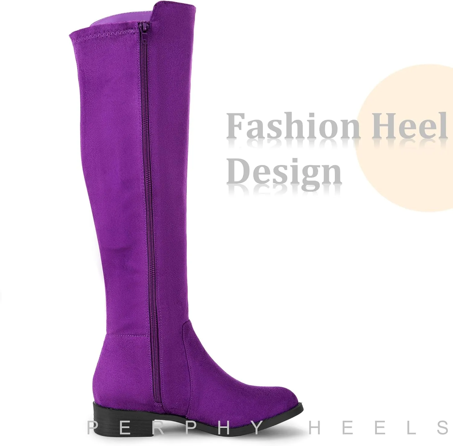 Perphy Round Toe Side Zip Chunky Heels Knee High Boots for Women
