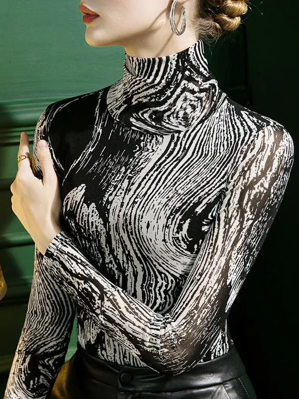 Printed Long Sleeves Skinny High-Neck T-Shirts