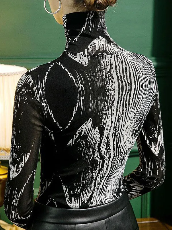 Printed Long Sleeves Skinny High-Neck T-Shirts