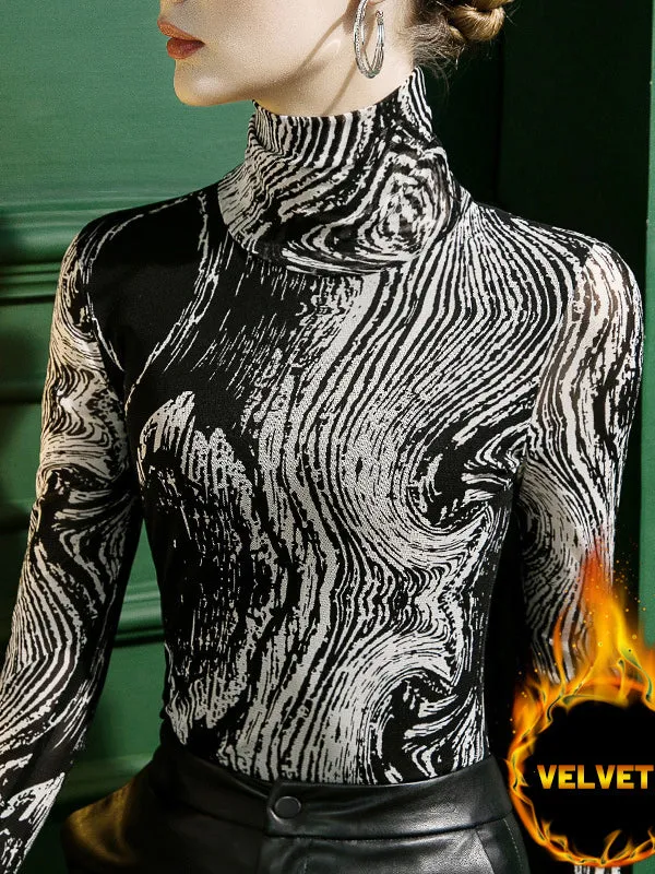 Printed Long Sleeves Skinny High-Neck T-Shirts
