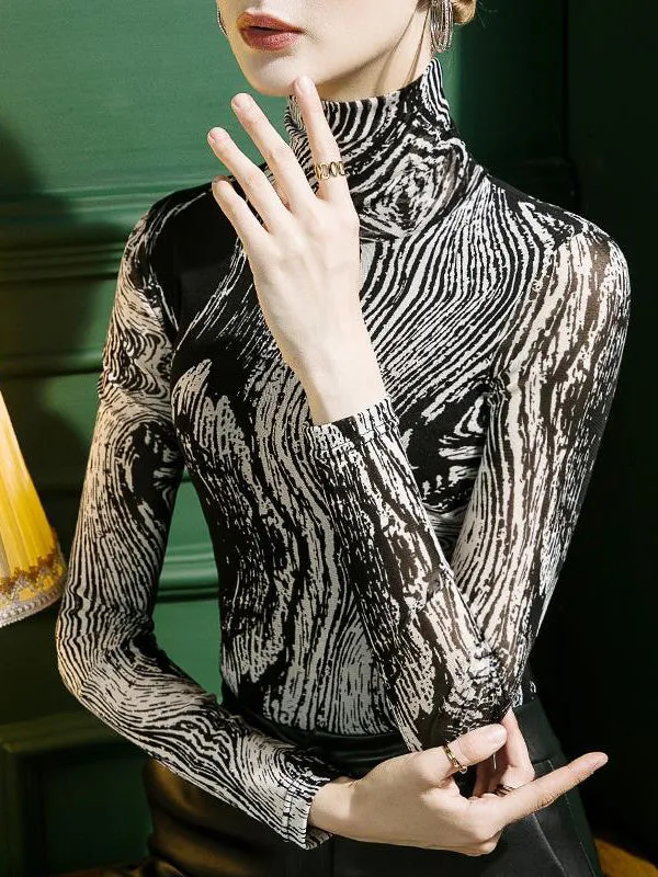 Printed Long Sleeves Skinny High-Neck T-Shirts