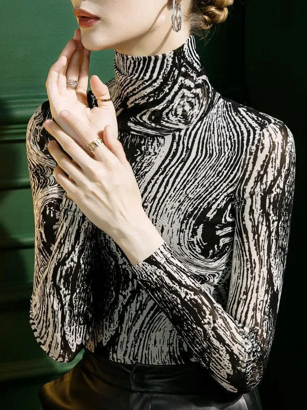 Printed Long Sleeves Skinny High-Neck T-Shirts