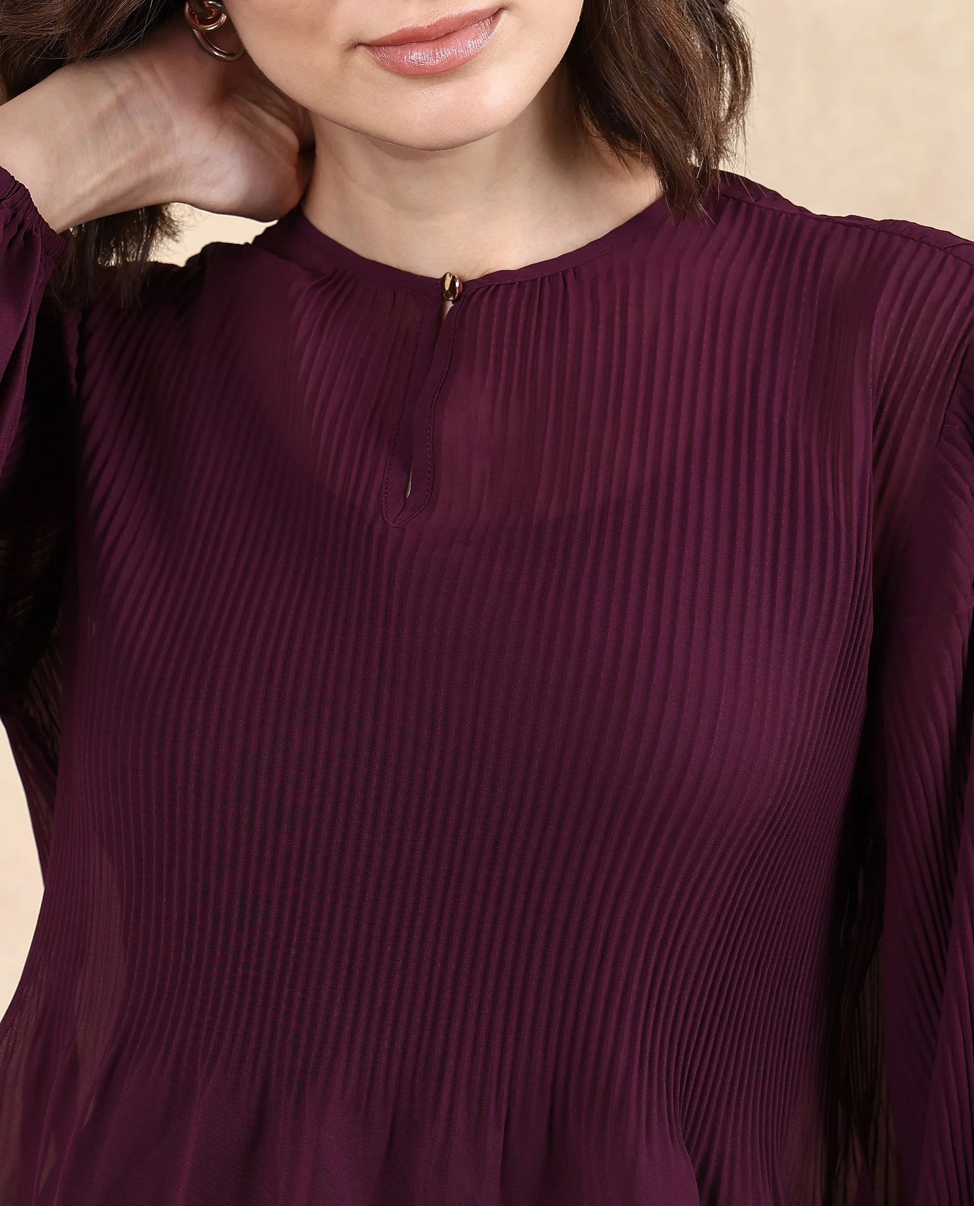 Rareism Women Ordu Purple Polyester Fabric Full Sleeve Mandarin Collar Plain Top