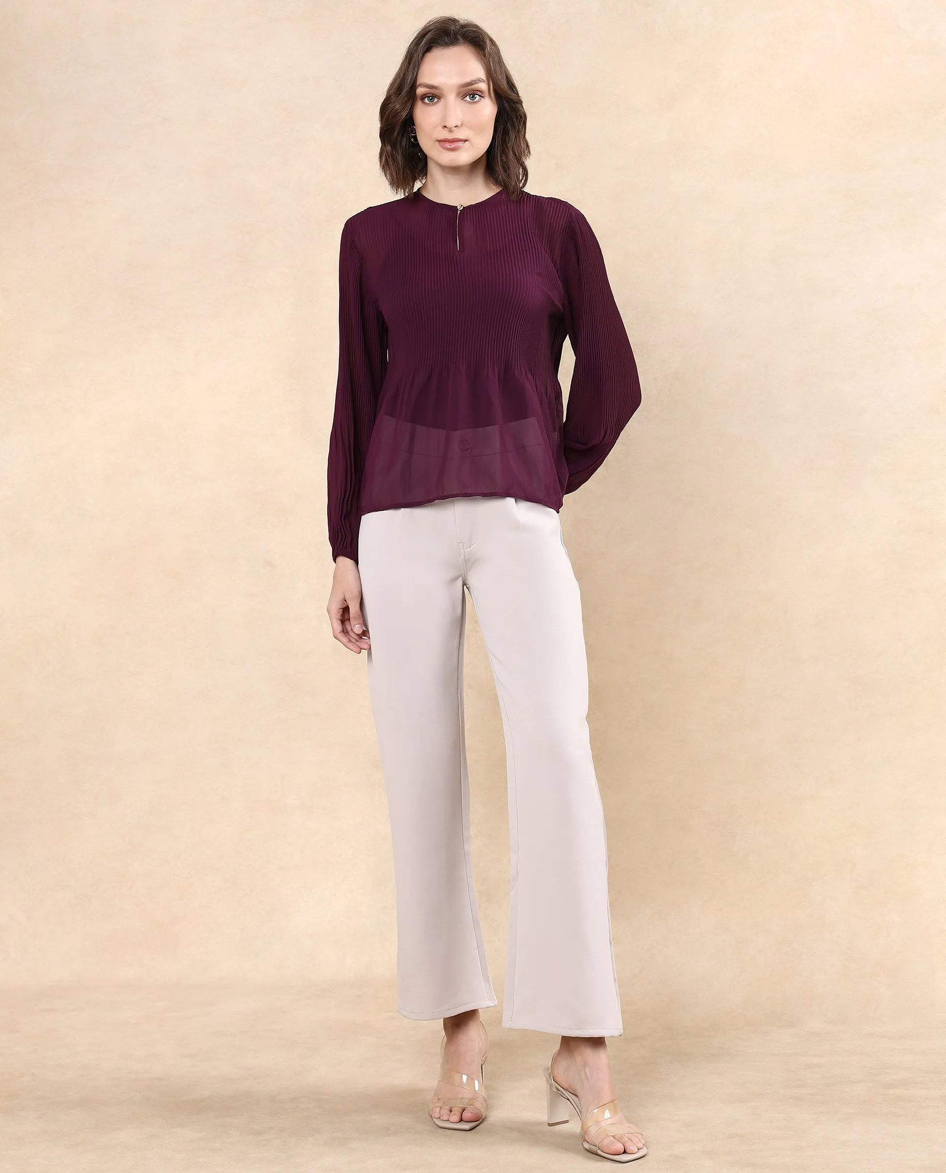 Rareism Women Ordu Purple Polyester Fabric Full Sleeve Mandarin Collar Plain Top