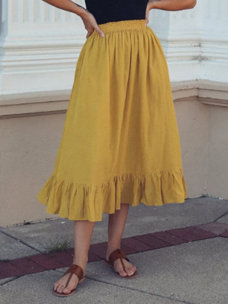 Solid Color A-Line Ruffle Hem Elastic Waist Pleated Casual Skirts For Women