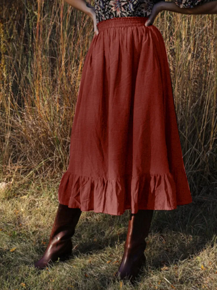 Solid Color A-Line Ruffle Hem Elastic Waist Pleated Casual Skirts For Women