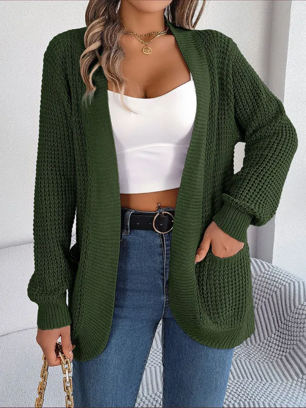 Solid Waffle Knitted Pocket Cardigan