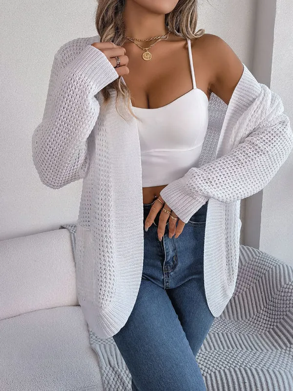 Solid Waffle Knitted Pocket Cardigan