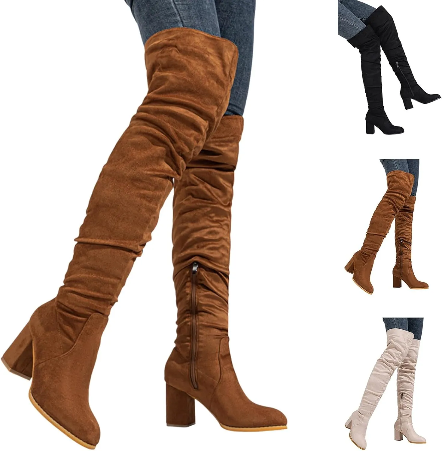 Thigh High Boots for Women Fashion Over The Knee Boots Platform Heels Suede Long Boots Zipper Flat Booties Tall Dress Boots