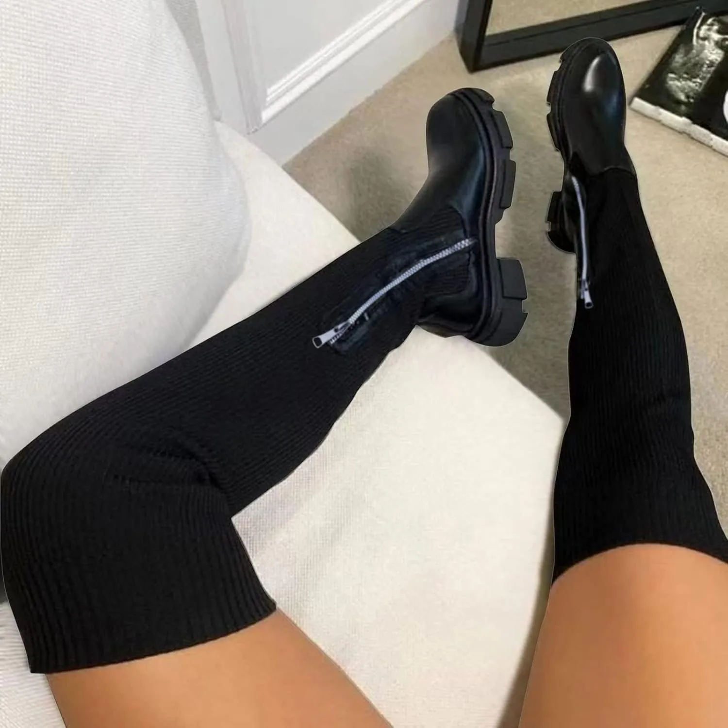 Thigh High Boots for Women Fashion Over The Knee Boots Platform Heels Suede Long Boots Zipper Flat Booties Tall Dress Boots