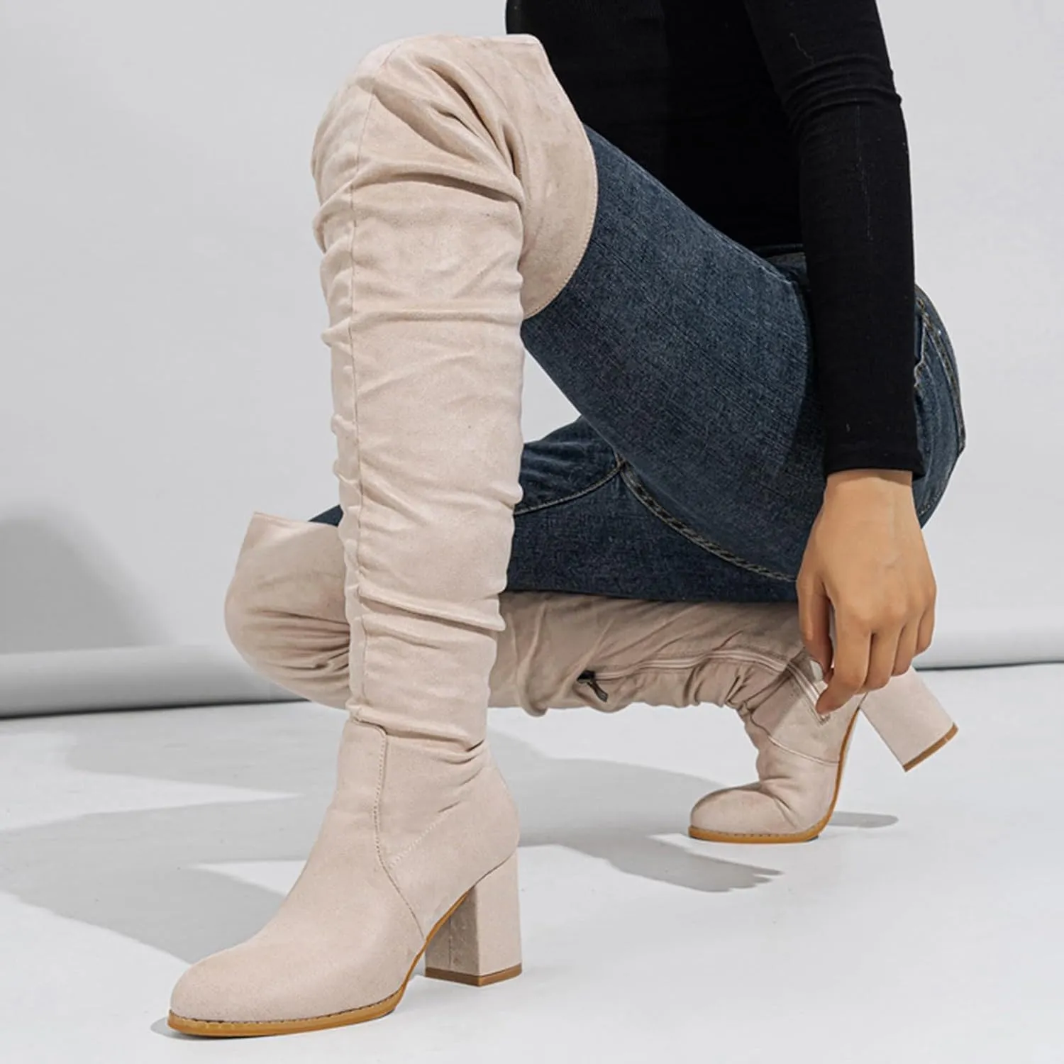 Thigh High Boots for Women Fashion Over The Knee Boots Platform Heels Suede Long Boots Zipper Flat Booties Tall Dress Boots