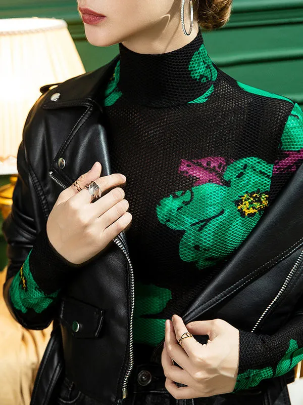 Urban Skinny Lace Printed Half Turtleneck T-Shirts Tops