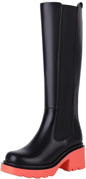 Vivianly Women's Knee High Chunky Block Heel Elastic Lug Sole Stretch Riding Boots with Round Toe and Side Zipper Platform Boots