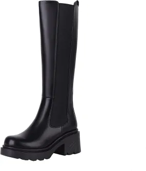 Vivianly Women's Knee High Chunky Block Heel Elastic Lug Sole Stretch Riding Boots with Round Toe and Side Zipper Platform Boots