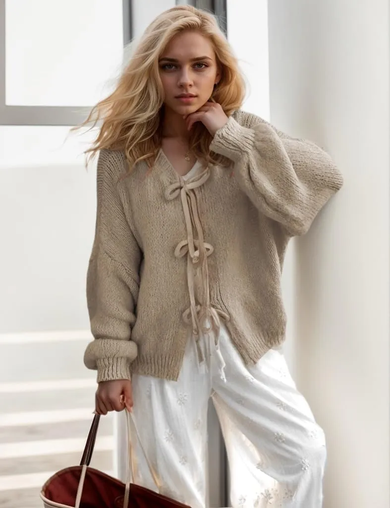 Women Tie Front Knitted Cardigan Y2k Open Front Knitwear Tops Long Sleeve Oversized Cardigan Sweater Trendy Streetwear