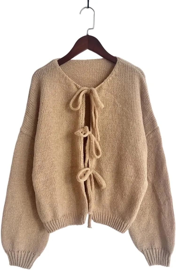 Women Tie Front Knitted Cardigan Y2k Open Front Knitwear Tops Long Sleeve Oversized Cardigan Sweater Trendy Streetwear