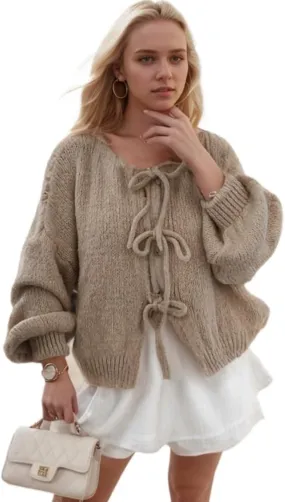 Women Tie Front Knitted Cardigan Y2k Open Front Knitwear Tops Long Sleeve Oversized Cardigan Sweater Trendy Streetwear
