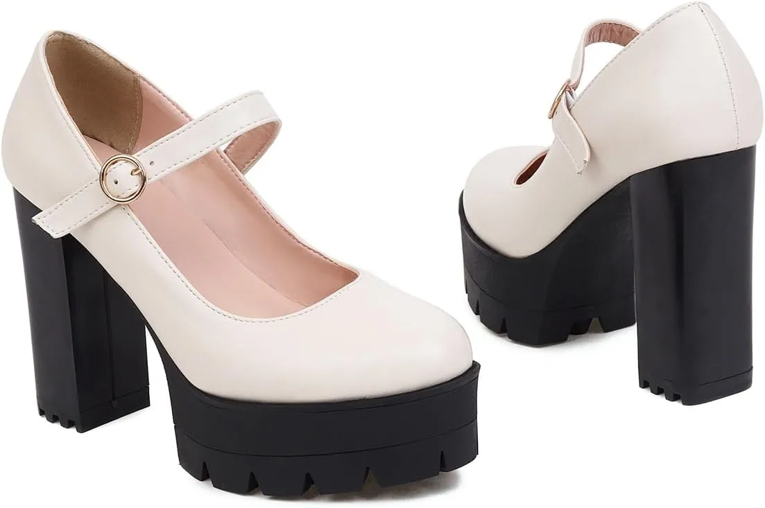 Women's Platform Round Closed Toe Pumps Buckle Loafers Comfortable Chunky High Heels Office Concise Cosplay Work Casual Mary Jane Daily Wear Fashion Business Dress Shoes