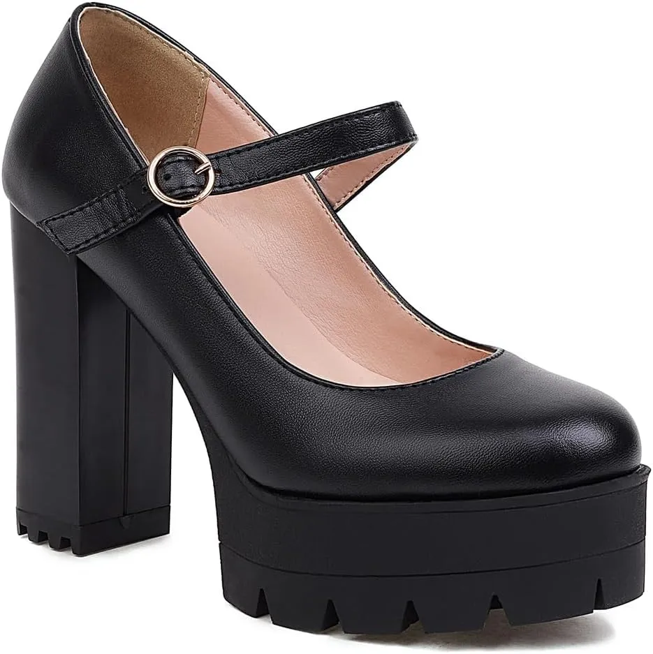 Women's Platform Round Closed Toe Pumps Buckle Loafers Comfortable Chunky High Heels Office Concise Cosplay Work Casual Mary Jane Daily Wear Fashion Business Dress Shoes