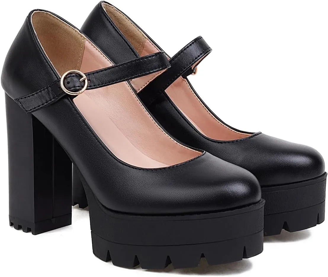 Women's Platform Round Closed Toe Pumps Buckle Loafers Comfortable Chunky High Heels Office Concise Cosplay Work Casual Mary Jane Daily Wear Fashion Business Dress Shoes