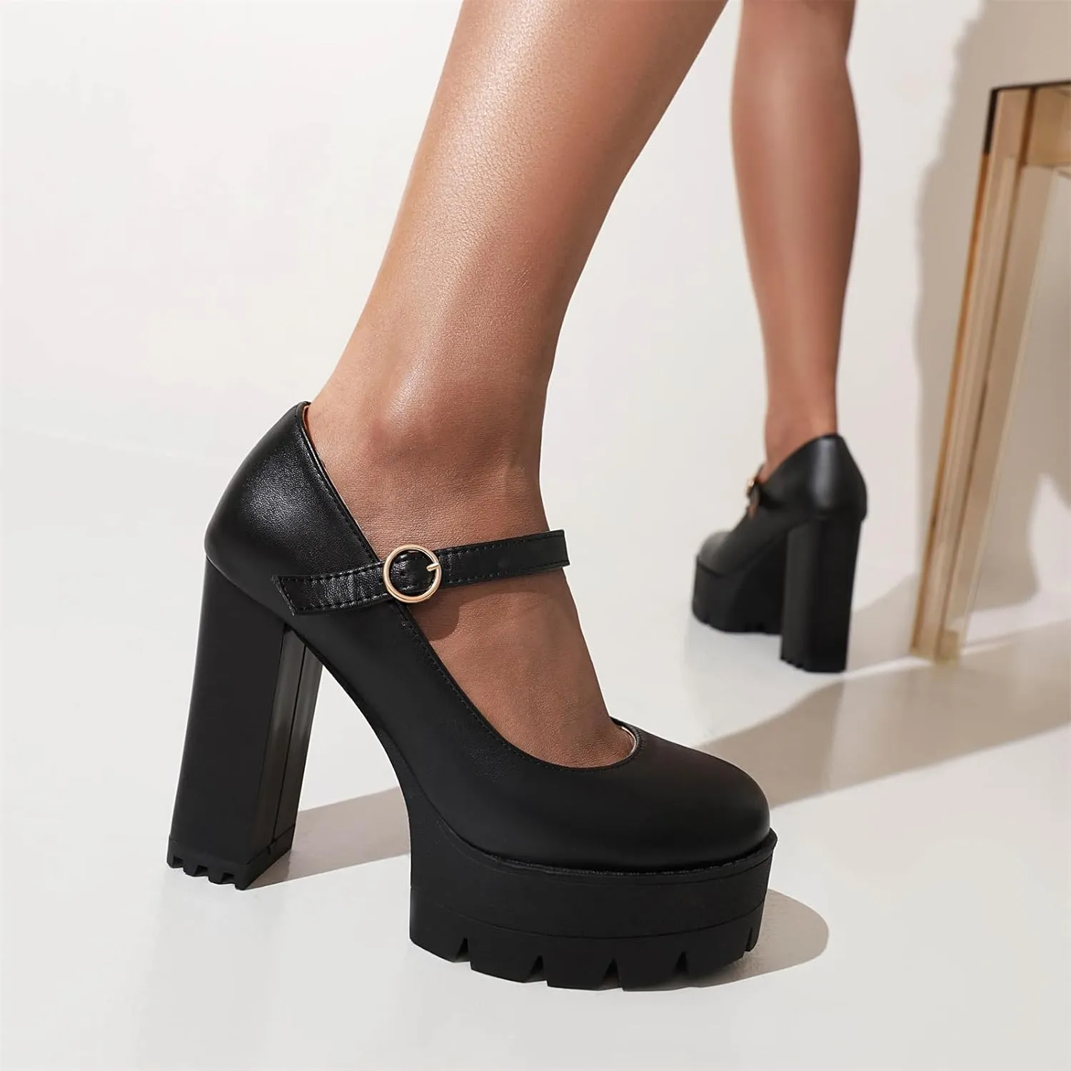 Women's Platform Round Closed Toe Pumps Buckle Loafers Comfortable Chunky High Heels Office Concise Cosplay Work Casual Mary Jane Daily Wear Fashion Business Dress Shoes