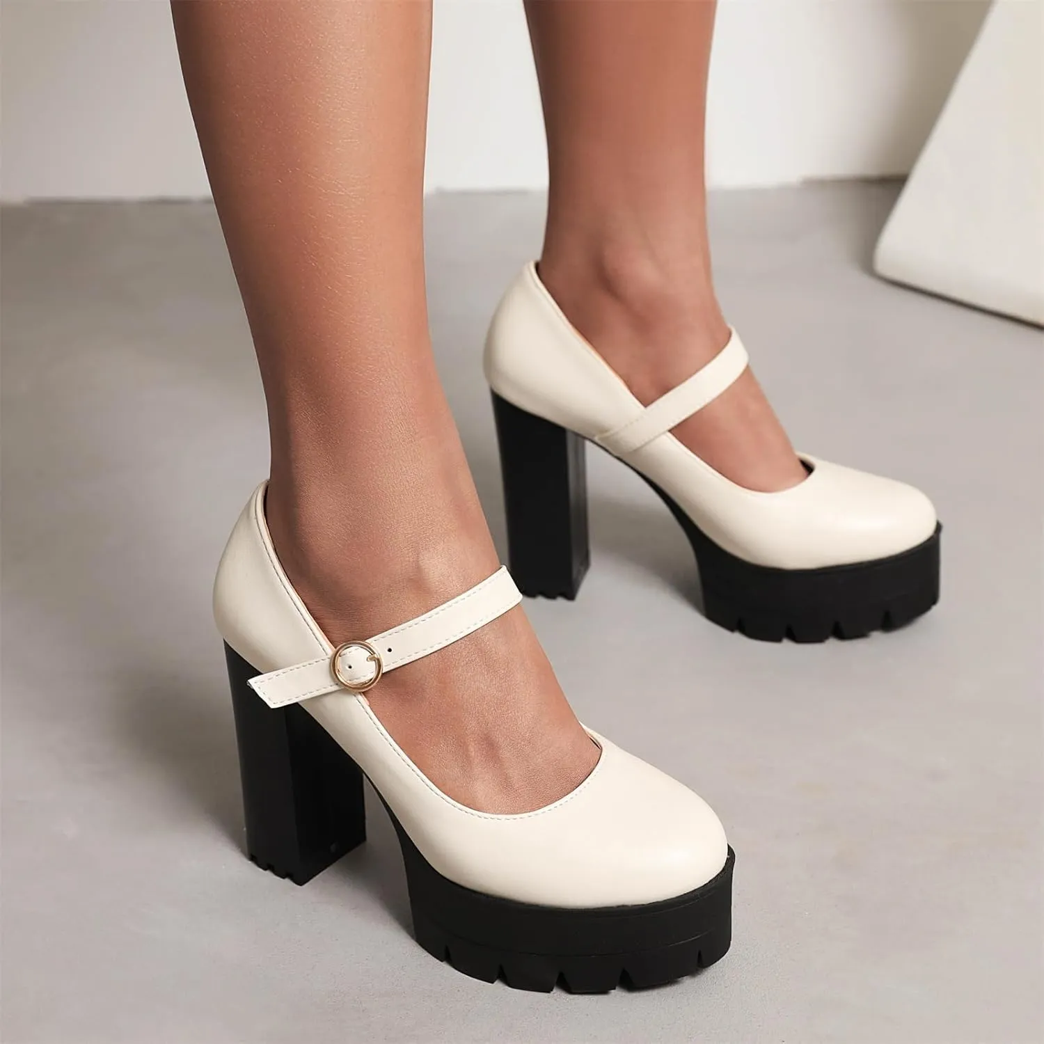 Women's Platform Round Closed Toe Pumps Buckle Loafers Comfortable Chunky High Heels Office Concise Cosplay Work Casual Mary Jane Daily Wear Fashion Business Dress Shoes