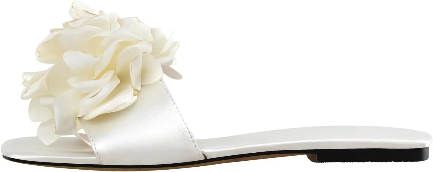Women's Round Open Toe Floral Slides Sandals Satin Flats Shoes