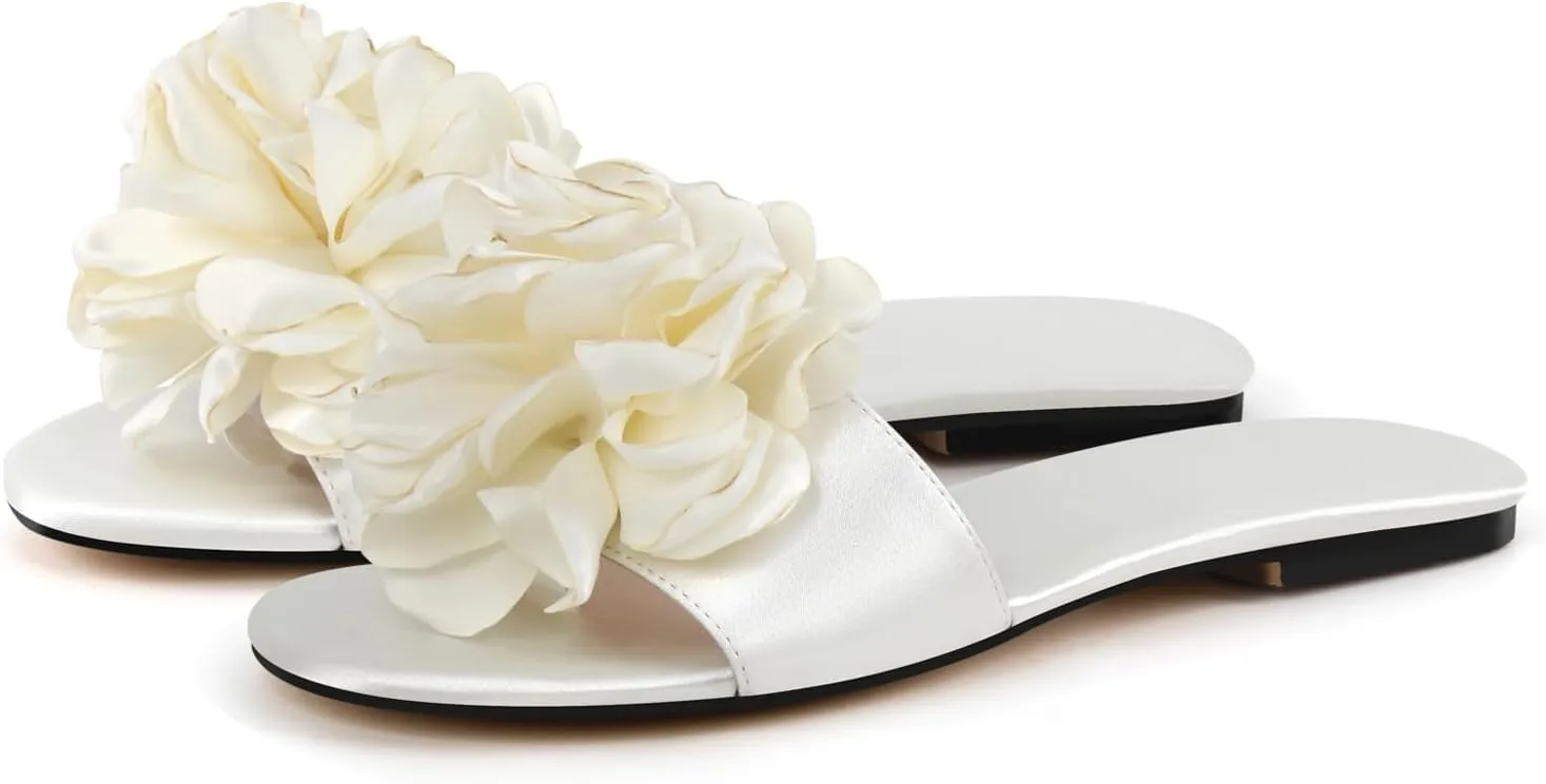 Women's Round Open Toe Floral Slides Sandals Satin Flats Shoes