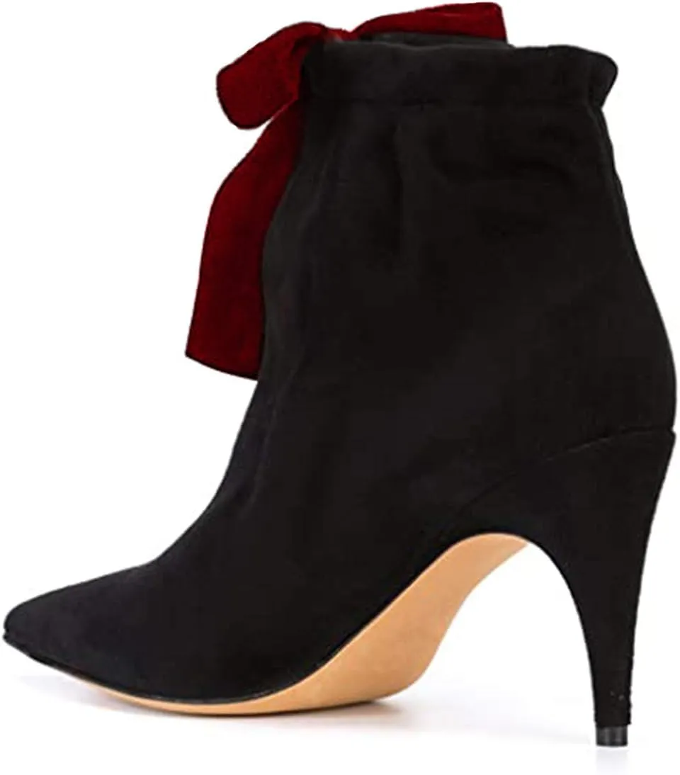 XYD Women Classical Pointed Toe Ankle Booties Dress Low Kitten Heels Graceful Bow Pull-on Boots Party Festival Shoes