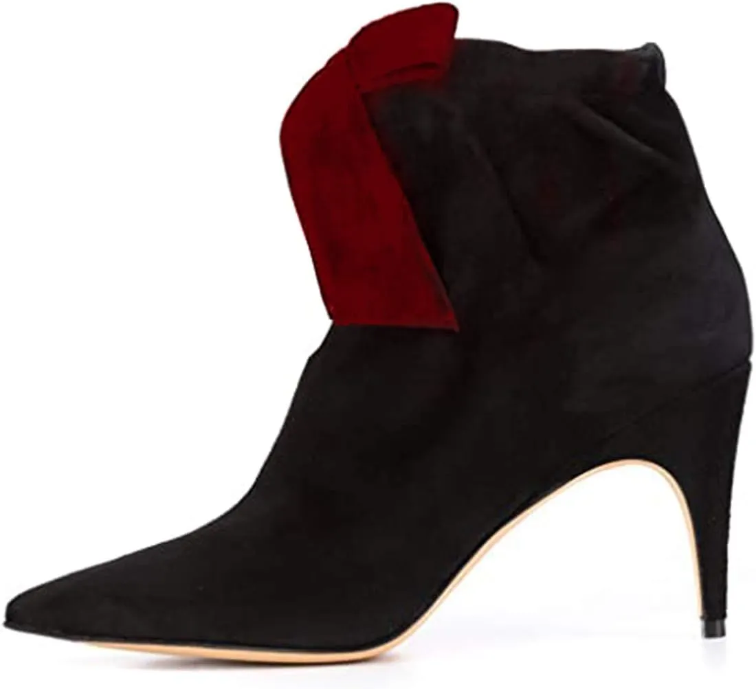XYD Women Classical Pointed Toe Ankle Booties Dress Low Kitten Heels Graceful Bow Pull-on Boots Party Festival Shoes