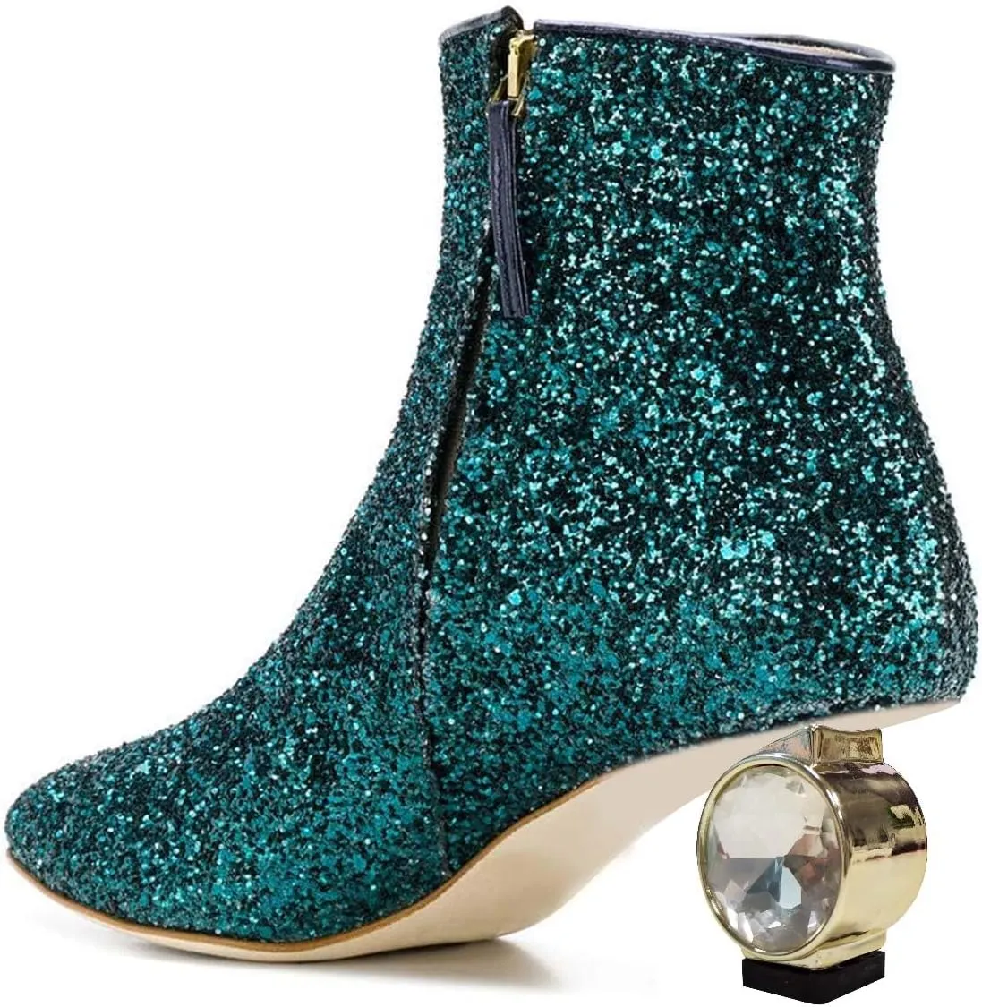 XYD Women Crystal Low Heel Ankle Boots Pointed Toe Shoes Side Zipper Prom Party Dress Fashion Short Booties