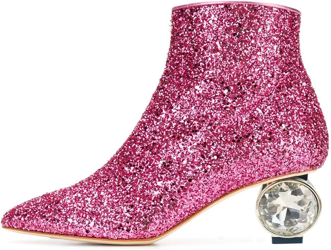 XYD Women Crystal Low Heel Ankle Boots Pointed Toe Shoes Side Zipper Prom Party Dress Fashion Short Booties