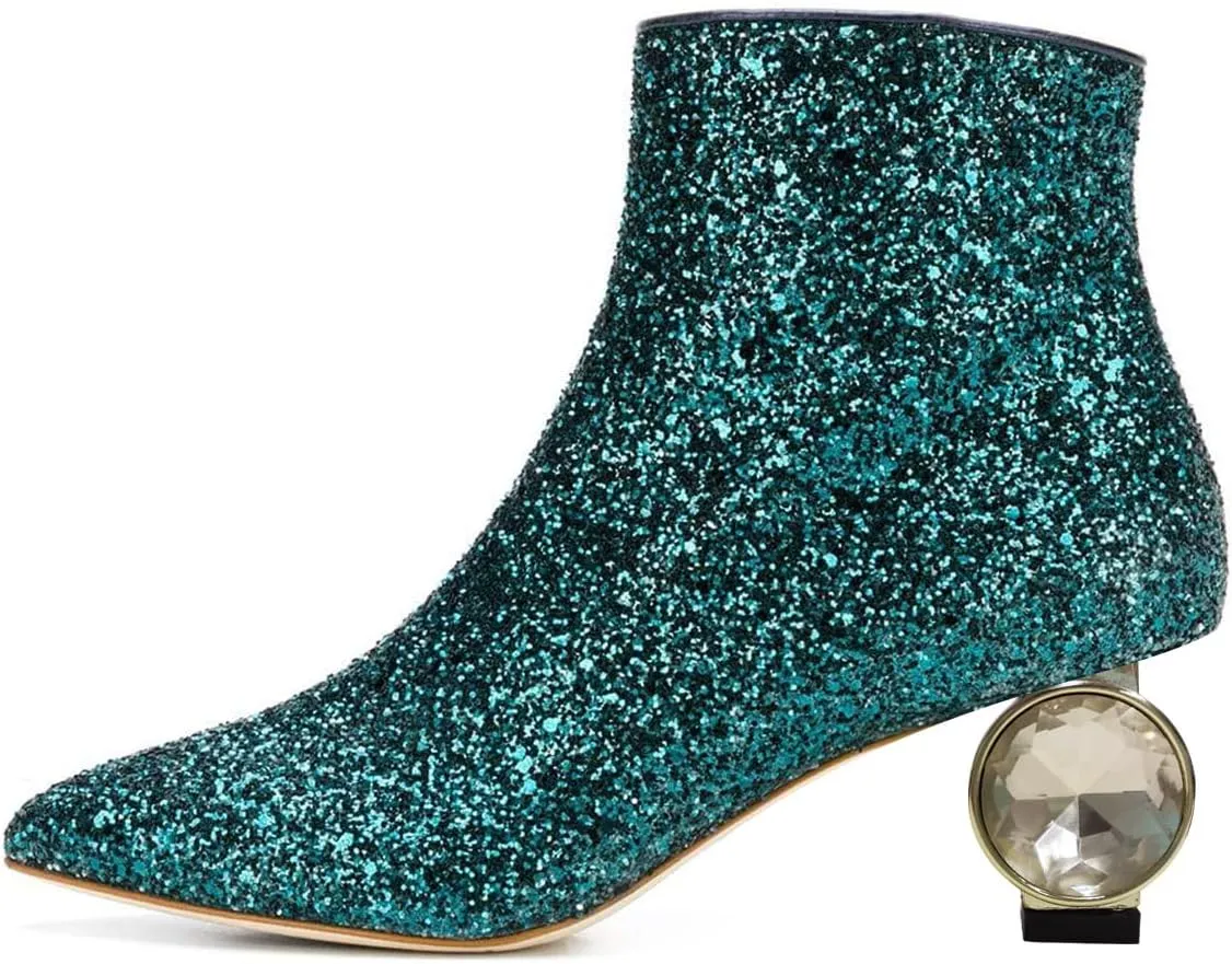 XYD Women Crystal Low Heel Ankle Boots Pointed Toe Shoes Side Zipper Prom Party Dress Fashion Short Booties