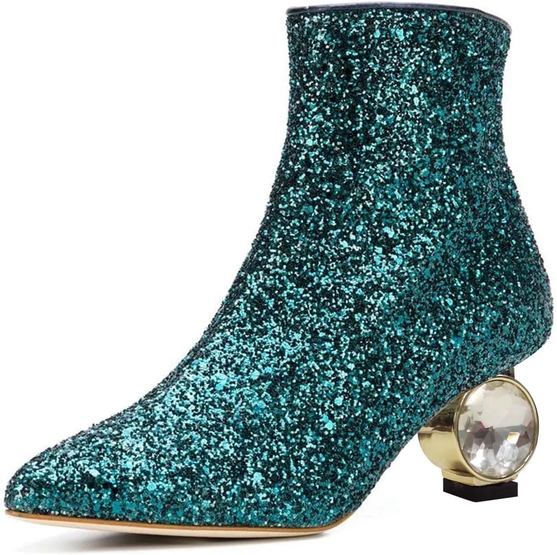 XYD Women Crystal Low Heel Ankle Boots Pointed Toe Shoes Side Zipper Prom Party Dress Fashion Short Booties