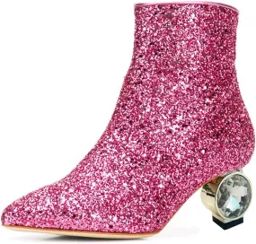 XYD Women Crystal Low Heel Ankle Boots Pointed Toe Shoes Side Zipper Prom Party Dress Fashion Short Booties